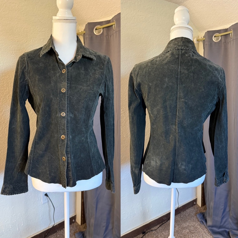 CAbi Women 100% Leather Suede Button Down Shirt Jacket Charcoal Gray Medium